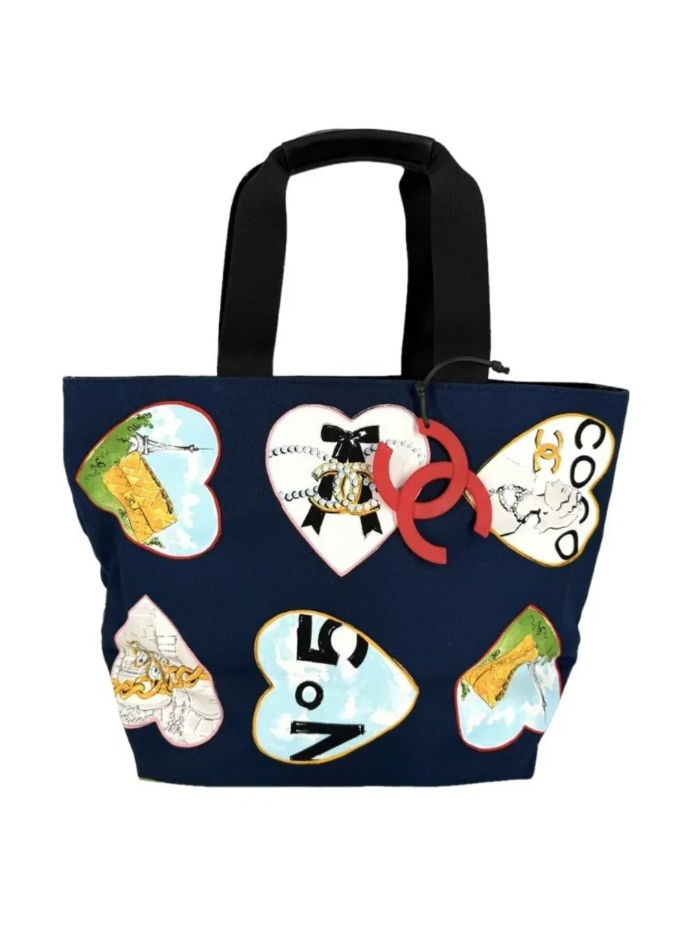 Chanel Tote Valentine Heart Handbag CC Logo Shoulder Canvas Navy Silver Vintage